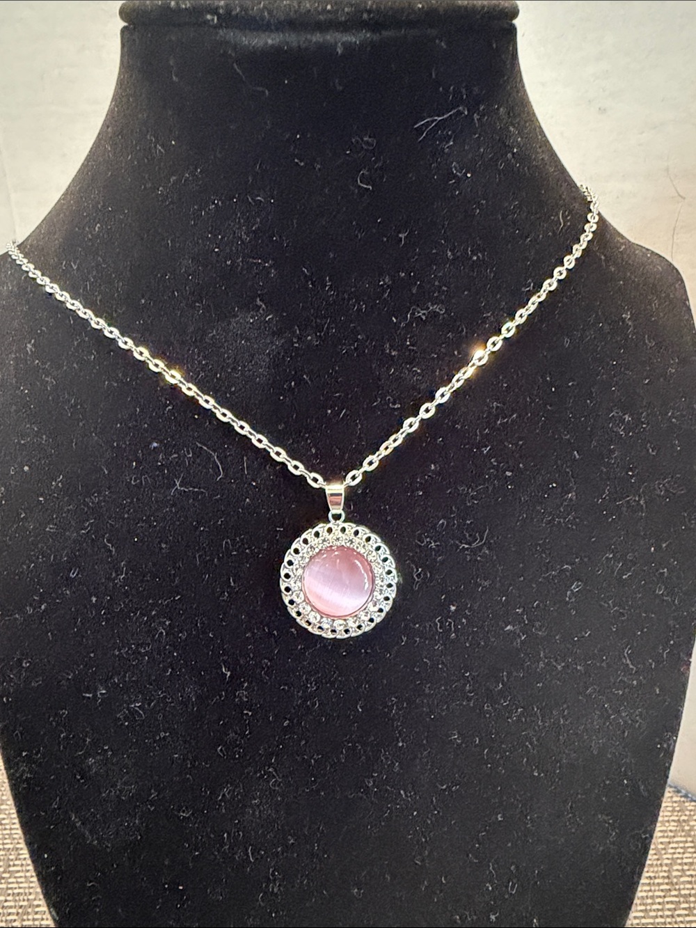 Silver tone Necklace with Pink Centerstone Pendant